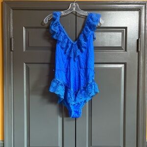 Elegant Blue Lace Trimmed Bodysuit Nighty